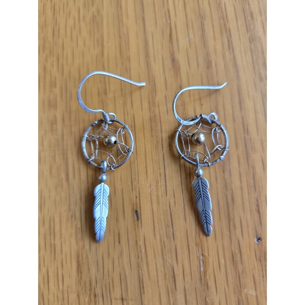 Dream Catcher Dangle Earrings 925 Sterling Silver Feather Southwestern Native